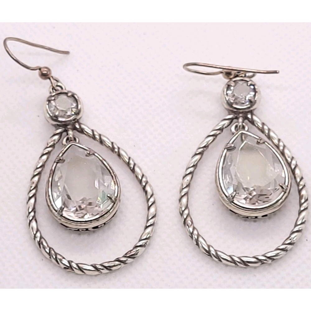 Vintage Style Silver Tone Clear Glass Teardrop Rope Chandelier Earrings
